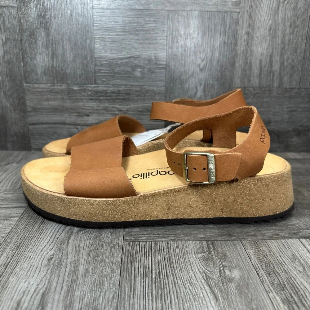 Papillio Sandals Womens 8 Cognac Brown Leather Platform Chunky Ankle Strap NEW
